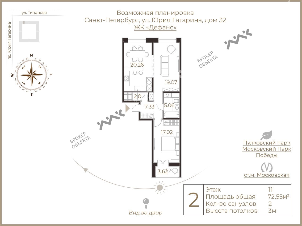 2 комн. кв. 72.55 m2 11/19 этаж Юрия Гагарина проспект, д.32 Купить по цене  13800000 ₽