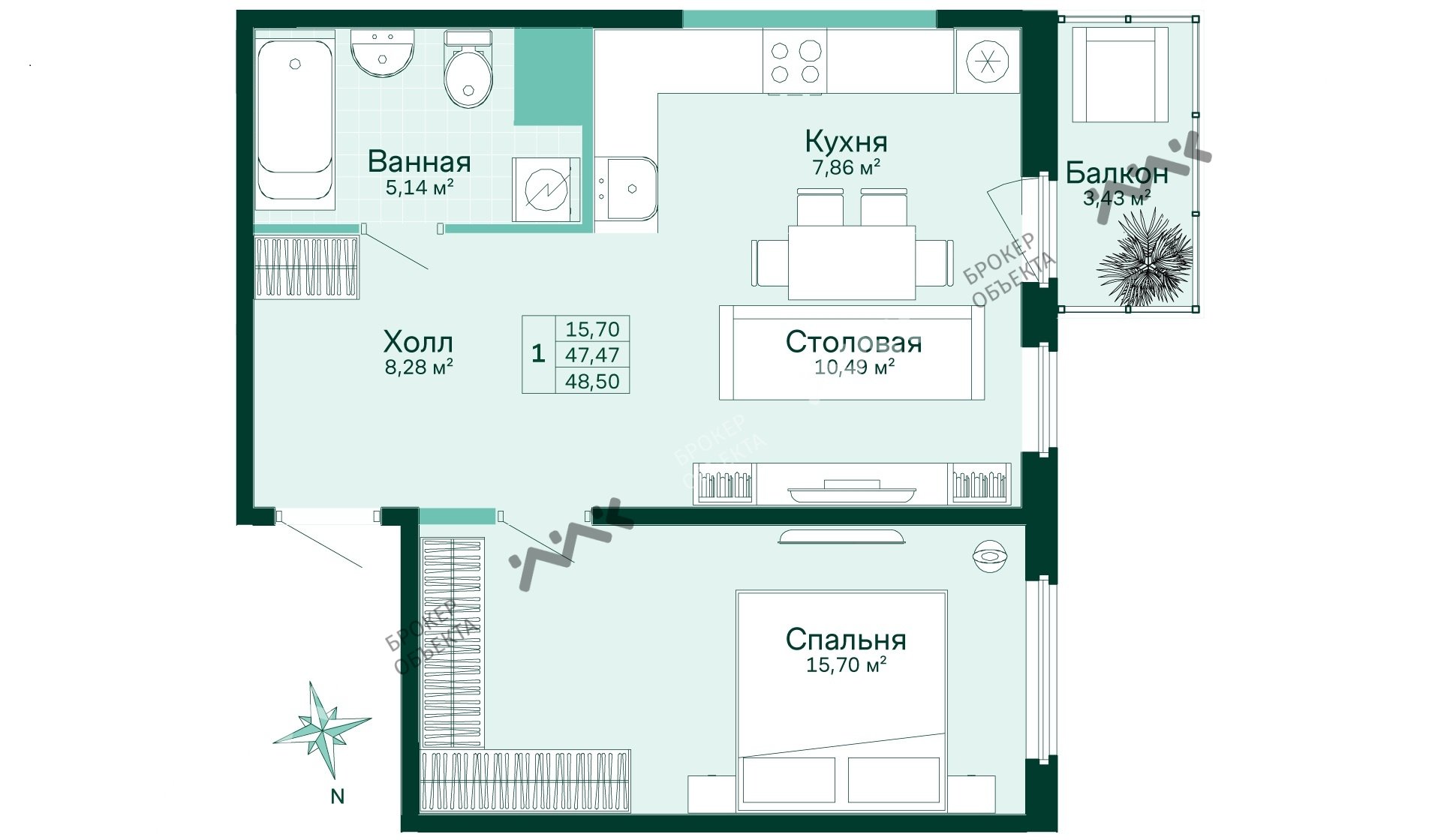 1 комн. кв. 48.5 m2 5/10 этаж Аптекарский пр., д.16 Купить по цене 8204625 ₽